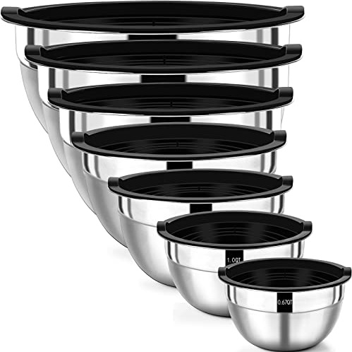 Wildone Rührschüssel Set, Edelstahl Schüssel 7er set mit luftdichten Deckeln, Stapelbar, Spülmaschinenfest, Größe 5, 3.5, 2.5, 2, 1,5, 1, 0,67 QT, ideal zum Mischen und Servieren
