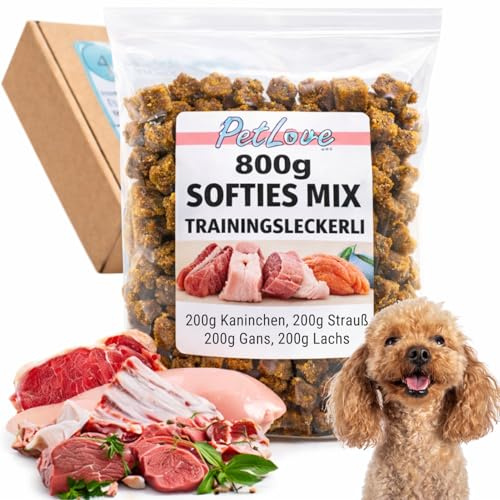 PetLove 100% Fleisch Softies für Hunde • Hundeleckerli ohne Getreide • Hoher Fleischgehalt • Hunde Leckerlis für Training • Mix (Gans, Lachs, Kaninchen, Strauß) - 4er Mix