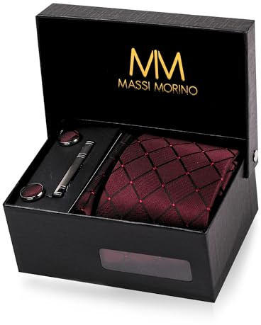Massi Morino Krawatte Weinrot Quadrat mit Einstecktuch Set Herren inkl. Manschettenknöpfe, Krawattennadel und Geschenkbox - Männer Krawattenset zur Hochzeit