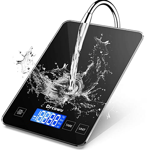 Drcowu Küchenwaage Digitale, 15kg Professionelle Waage Küchenwaage, Wasserdicht küchenwaagen mit LCD-Display, Kitchen Scale Lebensmittelwaage zum Kochen Backen Tara-Funktion, Touch-Taste, Schwarz