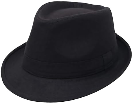 Happyupcity Schwarze Herren Manhattan Strukturierte Gangster Trilby Fedora Hut Jazz Cap Floppy Panama Hut Gentlemans Flat Hat, Schwarz, 60