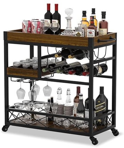 haiorjun Servierwagen Bar mit Rollen, Mobiler Barwagen Holz Vintage Industrie Stil mit Abnehmbarem Tablett, 3 Ebenen Küchenwagen Rollwagen (85x40x90CM)