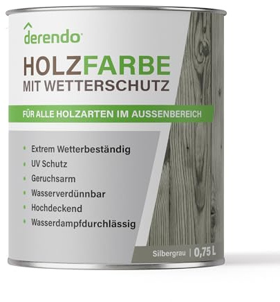 derendo Holzfarbe grau außen wetterfest Wetterschutzfarbe Langzeitschutz 750ml RAL 7001 seidenglänzend Holzlack silbergrau Außenbereich Holzschutzlasur hohe Deckkraft