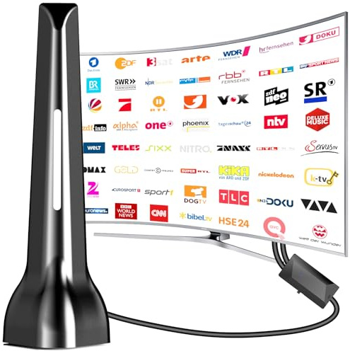 DVB-T/DVB-T2-Antenne, Zimmerantenne mit 420 km Empfangsbereich, 360° Rundumempfang, magnetischer Basis, Verstärker und 3-m-Kabel. Unterstützt 4K/1080P und alle Programme (DAB/UHF/VHF)