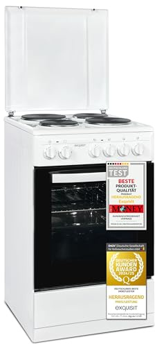 Exquisit Elektroherd Standherd EH 9.3-9 | Freistehender E-Herd mit Backofen, 48 l, Energieklasse A, 4 Kochstellen, Drehknopfbedienung | Weiß