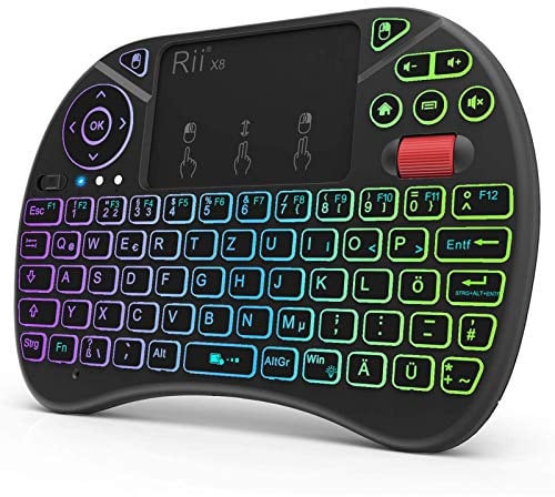 Rii Mini Tastatur Mit Touchpad, 2,4 GHz Kabellos, Smart TV, 8 Farbige Hintergrundbeleuchtung und Scrollrad (Deutsches, Schwarz)