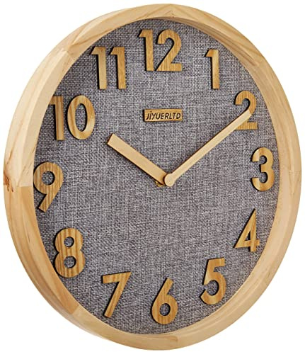 JIYUERLTD 30cm Wanduhr Leise Küchenuhr Nicht-Ticken Quarz Holzrahmen mit Leinen Gesicht Hölzerne Zahlen 3D Anzeige Grau für Zuhause Büro Klassenzimmer Schule