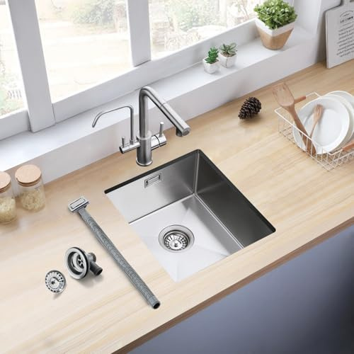 ROVOGO Küchenspüle Unterbau 40x30cm Edelstahl 304 inkl. Ablauf & Überlauf | Kleines Küchenspülbecken, handgefertigt gebürstete Edelstahl-Unterbauspüle mit Ab- und Überlaufgarnitur, 1 Becken Einbauspüle