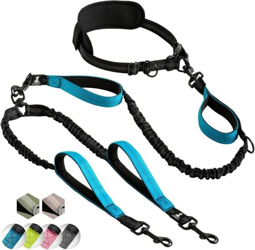 Joggingleine für Hunde zum Laufen, Joggen, Wandern | 2 in 1 Joggingleine und Normale Hundeleine für Große und Mittelgroße Hunde mit Doppelgriff | Bauchgurt Hundeleine