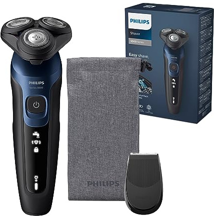 Philips Shaver 5000 – Elektrischer Rasierer für Herren: Nass- und Trockenrasur in Metallic-Blau mit Präzisionstrimmer & weicher Transporttasche (Modell S5465/18)