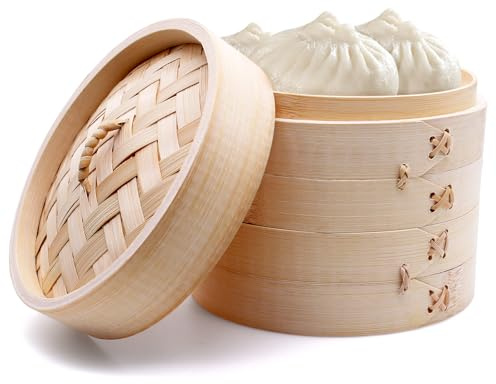 PWGHWG Bambus Dampfgarer 2 Etagen Bambusdämpfer mit Deckel 15 cm Dampfkorb Bambus mit 2 Dampfgarmatte Silikon für Knödel, Reis, Dim Sum, Gemüse, Fleisch