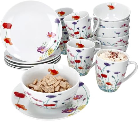 MamboCat Marie 18tlg Frühstücksset I Porzellan-Geschirr mit Blumenwiese-Dekor für 6 Personen I Je 6x Teller, Schalen 400ml & Becher 320ml für Frühstück & Kaffee