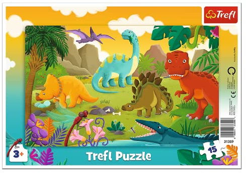 Trefl - Rahmenpuzzles 15 Teile, Dinosaurier, Die Welt der Dinosaurier, 3+ | Puzzle für Kleinkinder, 15 große Teile, Rahmen und stabile Unterlage, Puzzle mit Märchenfiguren, hohe Qualität