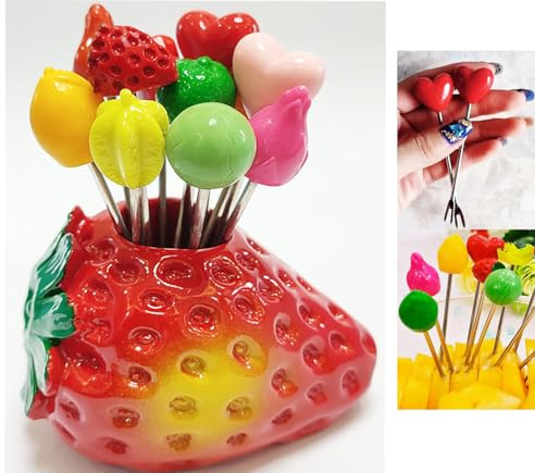 LSFCHYBY Salatgabeln Mit Edelstahl - Kinder Essen Pick Gabelhalter, Wiederholte Verwendung Zum Dekorieren - Niedlich Kreativ 10 Verschiedene Obstgabeln Und 1 Erdbeerhalter, CM-88