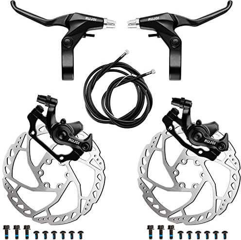 RUJOI Fahrrad-Scheibenbremsen-Kit, Vorder- und Hinterradsattel aus Aluminium, Fahrradbremshebel aus Vollaluminiumlegierung, 160 mm Bremsscheibe, Mechanischer werkzeugloser Belageinsteller für Rennrad