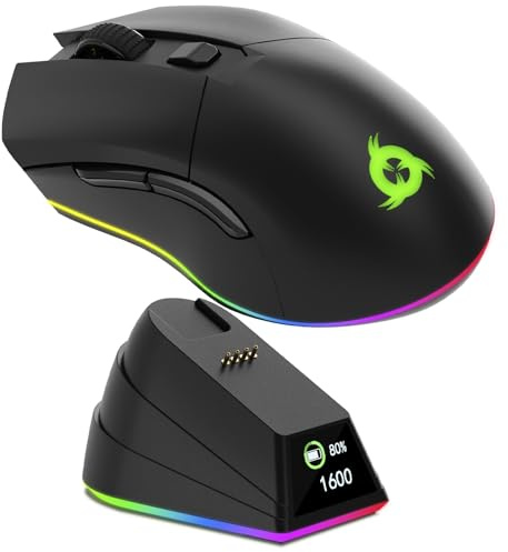 KLIM Blaze Pro Kabellose Gaming Maus mit LCD Dock und RGB Ladestation | Hochpräziser Sensor und langlebiger Akku für ausdauerndes Gaming, Schwarz