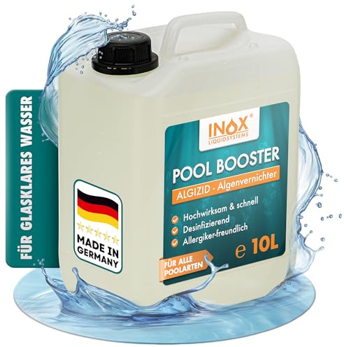 INOX® Pool Booster 10L – Hochwirksames Algizid für Pool | Flüssiger Algenvernichter mit Klareffekt | Desinfizierendes Pool Reinigungsmittel gegen Algen, Bakterien & Keime