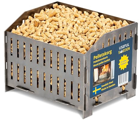 USEFUL SWEDEN Pelletbrennkorb – Verbrennen von Holzpellets im Holzofen oder im offenen Kamin, Schwedischer Stahl, 17,7 x 24,0 x 17,0 cm Tiefe x Breite x Höhe, 2kg, Notfall Camping Ofen