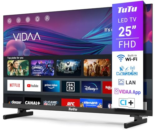 TuTu TUV25FQ1B Fernseher 25 Zoll (64 cm), Full HD Smart TV mit WLAN, Triple Tuner (DVB-T/T2, DVB-C, DVB-S/S2), App Store, AirPlay, HDMI, USB