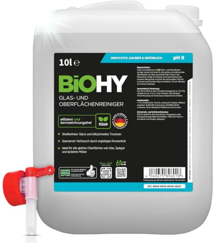 BiOHY Glasreiniger Konzentrat (10 Liter Kanister) mit Auslaufhahn | Fensterputzmittel für Spiegel, Kunststoff, Küche und Bad, schlierenfrei – auch für Fenstersauger und Fensterroboter