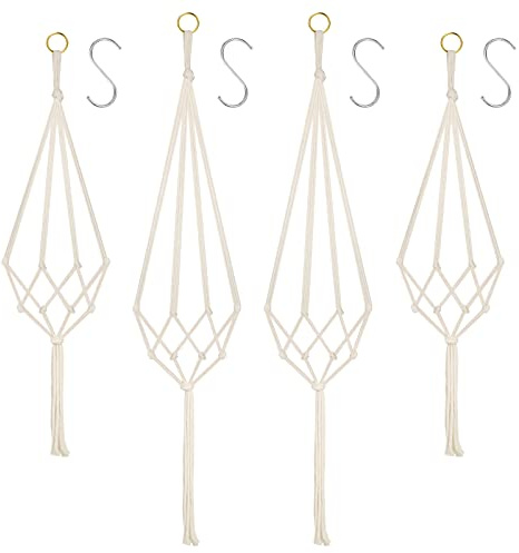 Flintronic 4er Set Makramee Blumenampel, Baumwollseil Hängeampel Hängetopf für Pflanzen mit 4Pc S Metallhaken für Innen, Garten, Wohnzimmer，Außen, Balkon, Fenster, Balkone Wanddekoration