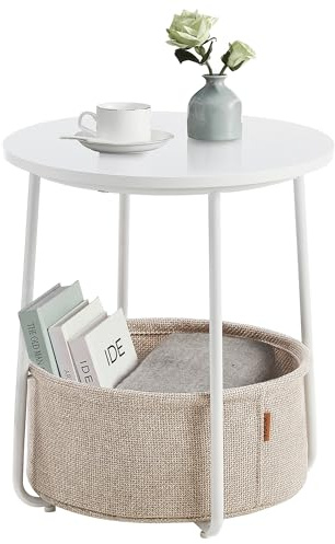 VASAGLE Beistelltisch rund, Kleiner Tisch, Couchtisch klein, Wohnzimmertisch, Korb aus Stoff, Stauraum für Wohnzimmer Schlafzimmer, Nachttisch modern, mattweiß-Kamelbraun LET223W10