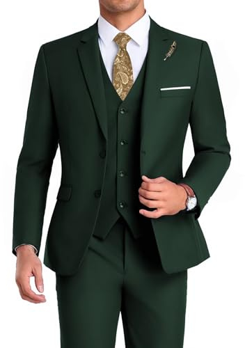 Mrbuerly High-End Suits Herrenanzug, 3-teilig, schmale Passform, Zwei Knöpfe, Hochzeitsanzug, Abschlussball, Anzug für Herren, Business-Anzug, Jacke, Weste, Hose und Krawatte, Dunkelgrün, L