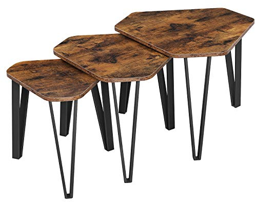 VASAGLE Beistelltisch, 3er Set, Couchtisch, Satztische, Nachttisch, mit Metallbeinen, dekorativ, einfacher Aufbau, Industrie-Design, vintagebraun-schwarz LNT14BX