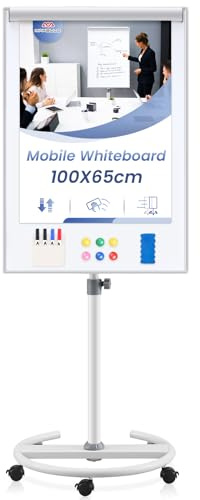 MAKELLO Flipchart Ständer 65x100cm Mobiles Whiteboard auf Rollen, Magnetisch Trocken Abwischbar, Höhenverstellbar, Rundfuß