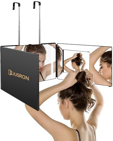 JUSRON 360 Grad Spiegel mit Licht, Klappspiegel 3 Teilig Haare Selbst Schneiden, Höhenverstellbarer&Wiederaufladbarer Kosmetikspiegel Rasierspiegel Friseurspiegel für Makeup Rasieren Frisieren