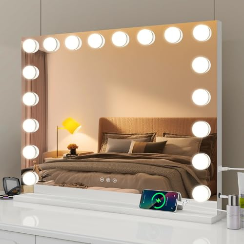 eklipt Schminkspiegel mit Beleuchtung 80x60cm Hollywood Spiegel mit Beleuchtung Kosmetikspiegel 18 LED Licht 3 Lichtfarben mit USB 10X Vergrößerung Touch Control Tischplatte (18LED-Weiß)