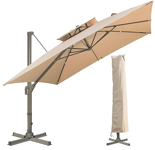 LKINBO Sonnenschirm Quadratisch 300 x 300 cm mit Ständer und Kurbel, Groß Ampelschirm Neigbar 360°Drehbar Parasol Windfest Gartenschirm Wasserdicht Marktschirm für Garten Deck Outdoor, Khaki