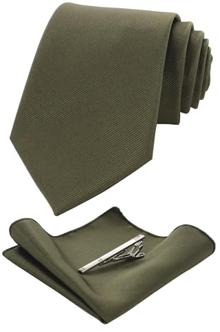 JEMYGINS Seide Krawatte Krawatten und Einstecktuch mit krawattenklammer Set für Herren Seidenkrawatten Hochzeit Schlips olivgrün