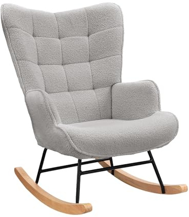 Lazyspace Schaukelstuhl Relaxsessel Stillsessel Schaukelsessel Wohnzimmersessel Schwingsessel mit Metallgestell und Holzsockel, Belastbarkeit Bis 130 Kg, Teddystoff, Hellgrau, 75 x 68 x 92 cm