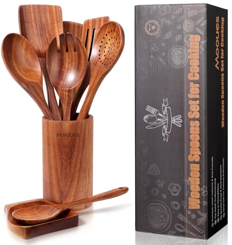 Mooues Kochlöffel Holz Set aus natürliches Teakholz, 9 Stück Küchenhelfer Set mit Halter, Holzlöffel, Pfannenwender, Salatbesteck und weitere Küchenutensilien, Hochwertig und Nachhaltig