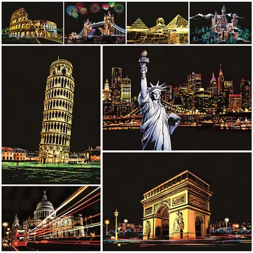 SiYear Scratch Paper Rainbow Painting Sketch, City Series Night Scene,Scratch Painting Creative Gift,Scratchboard for Adult with 4 Tools