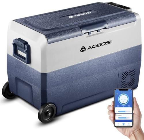 AAOBOSI Kompressor Kühlbox 50 L, Kühlbox Auto Mit APP-Steuerung, 12/24 V und 100-240 V Kühlbox Elektrisch, bis -20 °C für Auto, LKW, Boot, Reisemobil, Camping, Dual Zone und Zwei Temperaturen