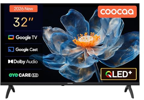 coocaa Smart TV 32 Zoll, 80cm, QLED HD Fernseher kompatibel mit Google TV, HDR10, Dolby Audio, Bluetooth 5.1, EyeCare, Google Cast, Triple Tuner DVB-T/-T2/-C/-S/-S2 CI+