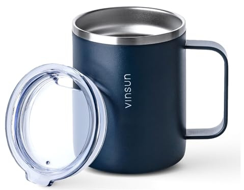 VINSUN Thermobecher mit Henkel 350ml & Deckel mit Trinköffnung - Blau | Transparenter Kunststoff Deckel, BPA frei - Edelstahl Kaffeebecher, doppelwandig isoliert - Isolierbecher Camping, Büro