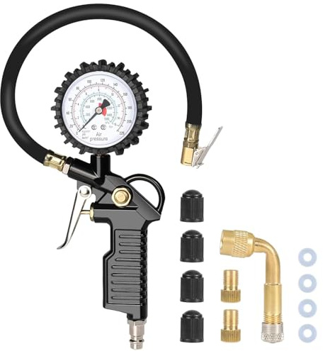 Frogetu Reifendruckprüfer mit Flexiblem Schlauch, Reifenfüll-Messgerät, Multifunktional Luftdruckprüfer, Reifenfüller für Auto, Motorrad Manometer Messbereich: 0-16 BAR/220 PSI