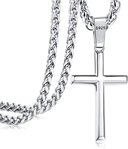 Adramata Halskette Herren Kreuz Kette Herren Kreuz Anhänger 925 Silber | 3MM Edelstahl Panzerkette, Silberfarbene Herren Kette, Kreuzkette, Kreuz Kette Damen, 41/46/51/56/61/71/76CM