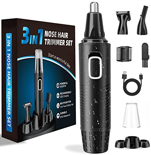 Nasenhaartrimmer, USB Wiederaufladbar Nasenhaarschneider 3 in 1 Set Ohrhaarschneider mit Doppelschneideklingen, Professioneller schmerzfreier Augenbrauen und esichtshaartrimmer für Männer und Frauen
