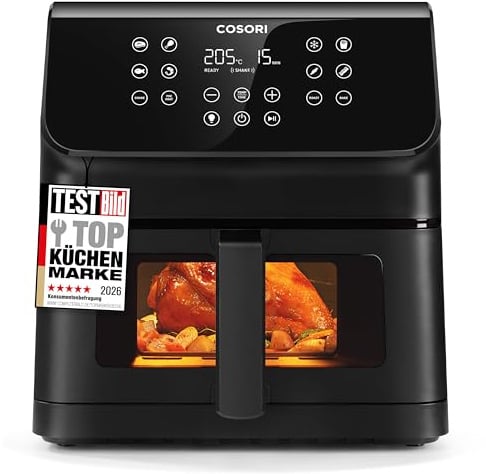 COSORI Airfryer, Heißluftfritteuse 6,2L mit Sichtfenster und Shake Reminder, 12-in-1 Heissluftfritteuse, Fritteuse 85 Prozent weniger Fett, 50 Rezepte, 55 Prozent energiesparend, einfache Reinigung
