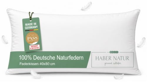 HABER NATUR Federkissen 40x80 - Made in Germany - Kopfkissen 100% Federn | 100% deutsche Federn - Oeko-TEX Kissen 40x80 – Formstabiles Polster - Pillows for Sleeping - Allergiker Kissen
