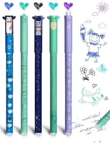 GutSache 5er Set radierbare Gelstifte mit Tier- & Astronauten-Motiven | 0,7mm Tintenroller, verschiedene Tintenfarben für mehr Kreativität – perfekt für Schule & Büro. Ideal als Schultüten-Füllung.