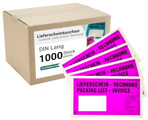 dm-folien Lieferscheintaschen DIN LANG I 1000 Stück I Selbstklebende Versandtaschen mit Aufdruck I Pink-transparentes Paketzubehör für Lieferscheine & Rechnungen I Versandzubehör aus PP