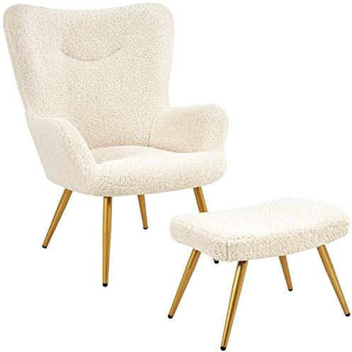 Yaheetech Ohrensessel mit Hocker Polyester-Bezug, Fernsehsessel Armlehnensessel Polstersessel Relaxsessel Cocktailsessel Teddy-Plüsch Stilvolles Design Elfenbein