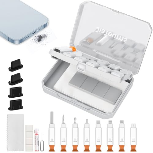 JiaTeums Ladeanschluss Reinigungs Reparatur Set für Handys,Weiß | 4 Staubschutzstecker und Reinigungswerkzeuge für iPhone, AirPods, USB-C, Lightning, iPad-Anschluss und Lautsprecher