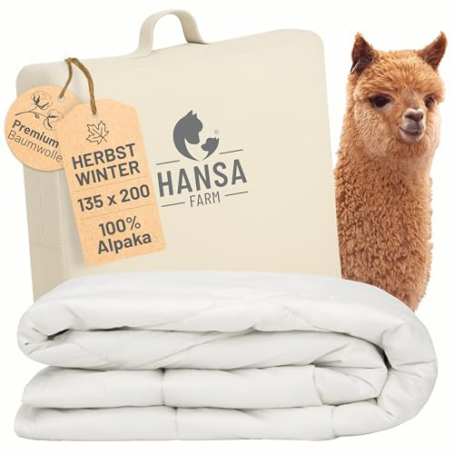 HANSA-FARM | Alpaka Premium Bettdecke 135 x 200 cm (Füllung 1.400g) - Herbst Winter warm - atmungsaktiv und temperaturausgleichend - Große Aufbewahrungstasche