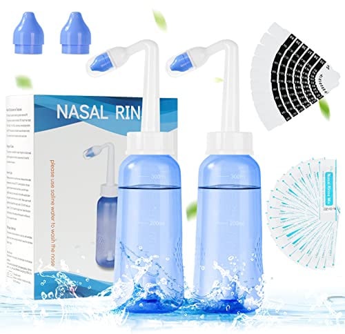 URAQT 2 Pcs 300ml Nasendusche mit 20xSalz,10xThermometer-Aufkleber | BPA-frei, Nasendusche mit Salz zur Nasenreinigung und Nasenspülung, Neti Pot Nasenspülsalz für Erwachsene und Kinder